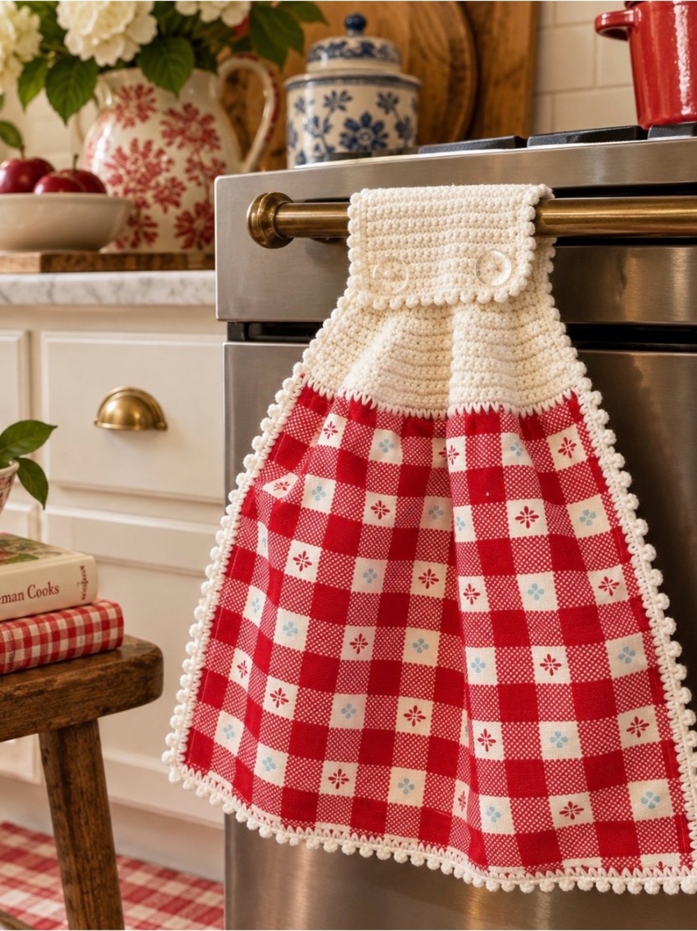 Pioneer Woman Crochet Hanging Kitchen Towel Red Check